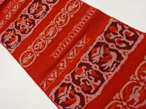 手織り紬横段に鳥・兎・花葉模様織出し名古屋帯